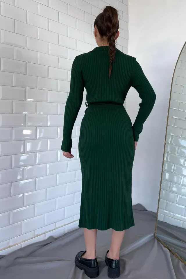 Kadın Polo Yaka Bel Bağlamalı Uzun Triko Elbise Koyuyeşil
