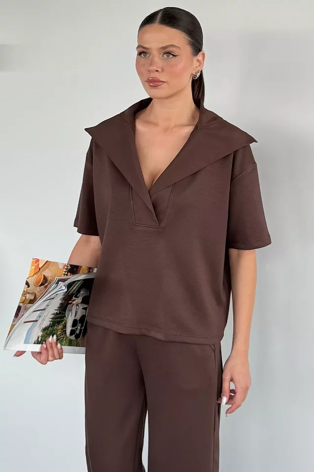 Kadın Polo Yaka Bluz Bel Lastikli Pantolon İkili Takım
