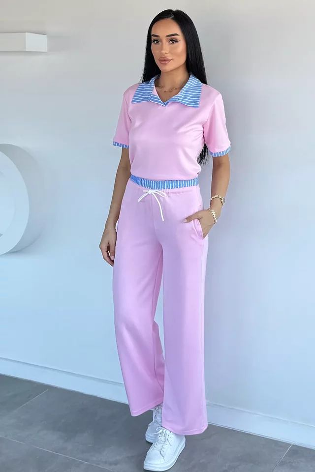 Kadın Polo Yaka Bluz Bel Lastikli Pantolon İkili Takım