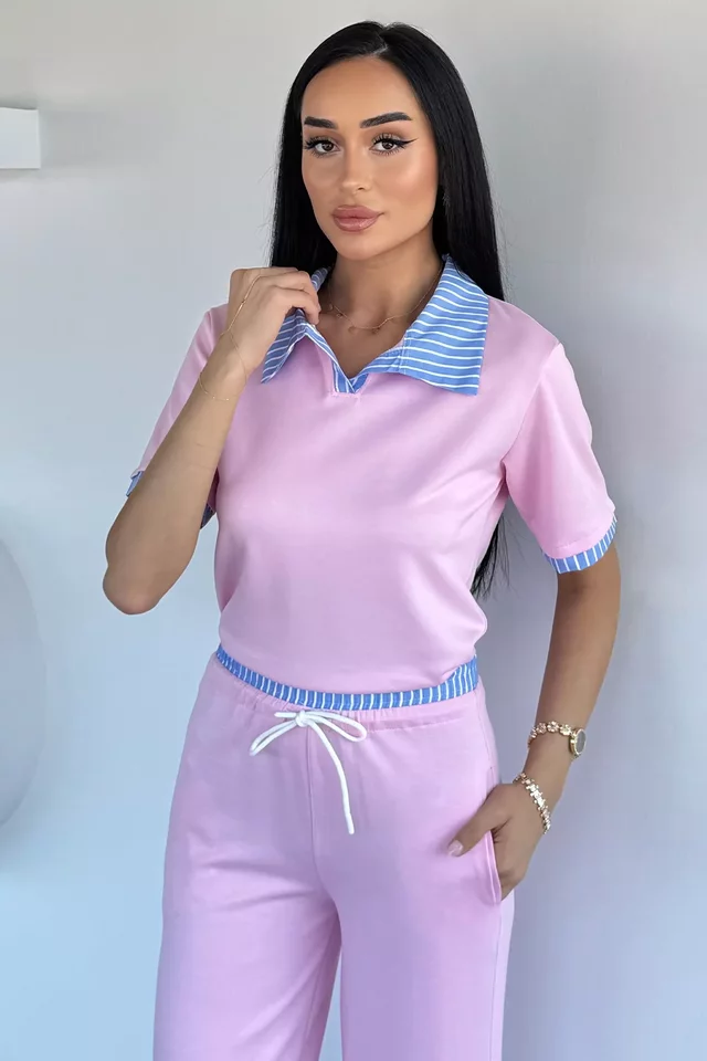 Kadın Polo Yaka Bluz Bel Lastikli Pantolon İkili Takım