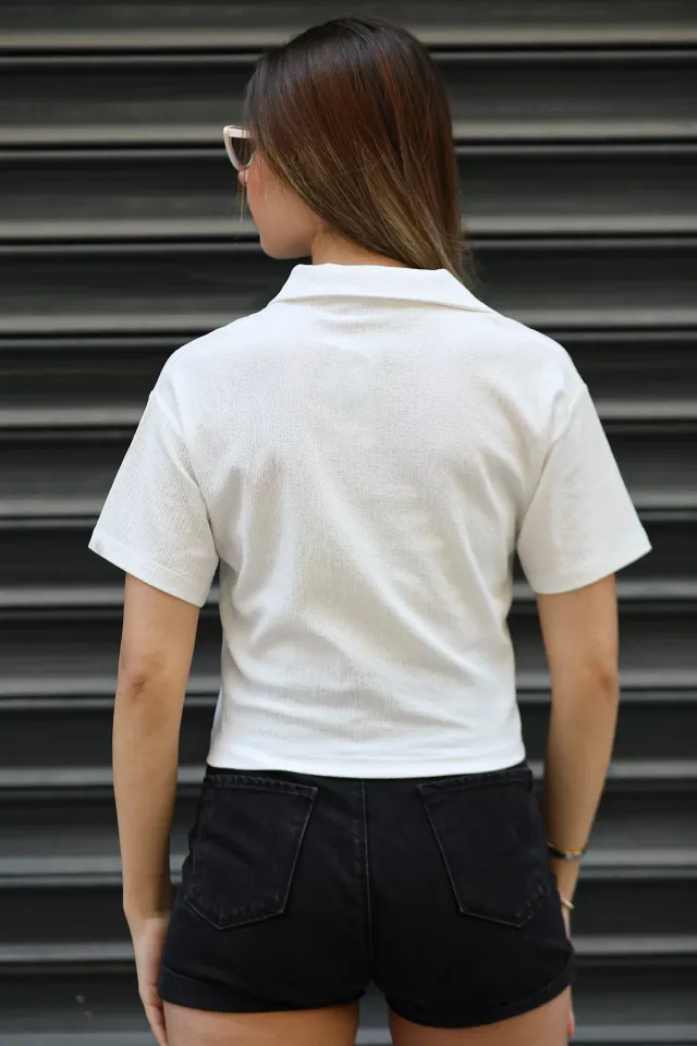 Kadın Polo Yaka Crop T-shirt Krem