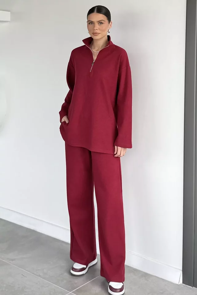 Kadın Polo Yaka Selanik Kumaş Sweat Bel Lastikli Pantolon İkili Takım - 2