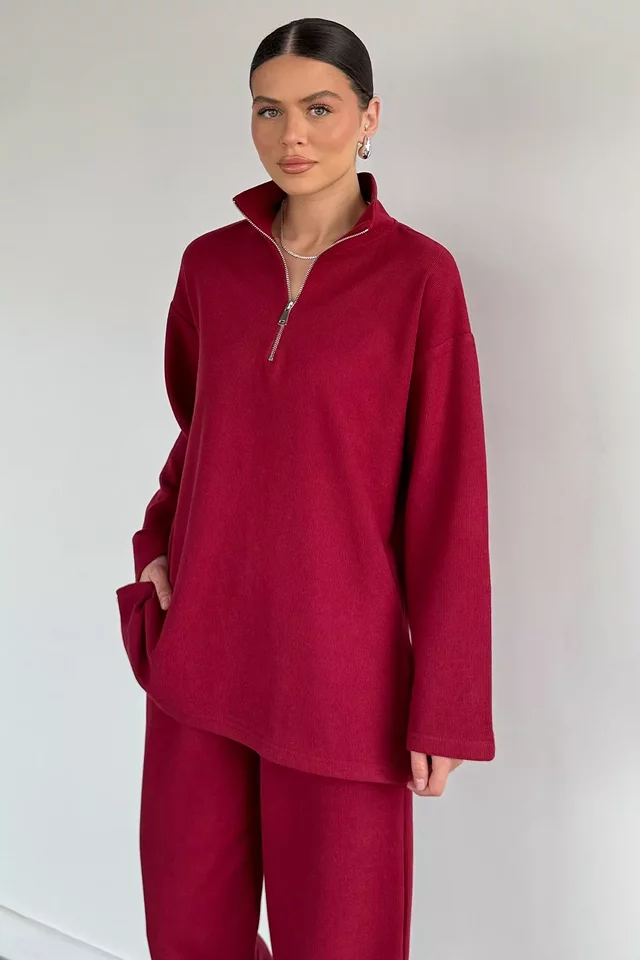Kadın Polo Yaka Selanik Kumaş Sweat Bel Lastikli Pantolon İkili Takım