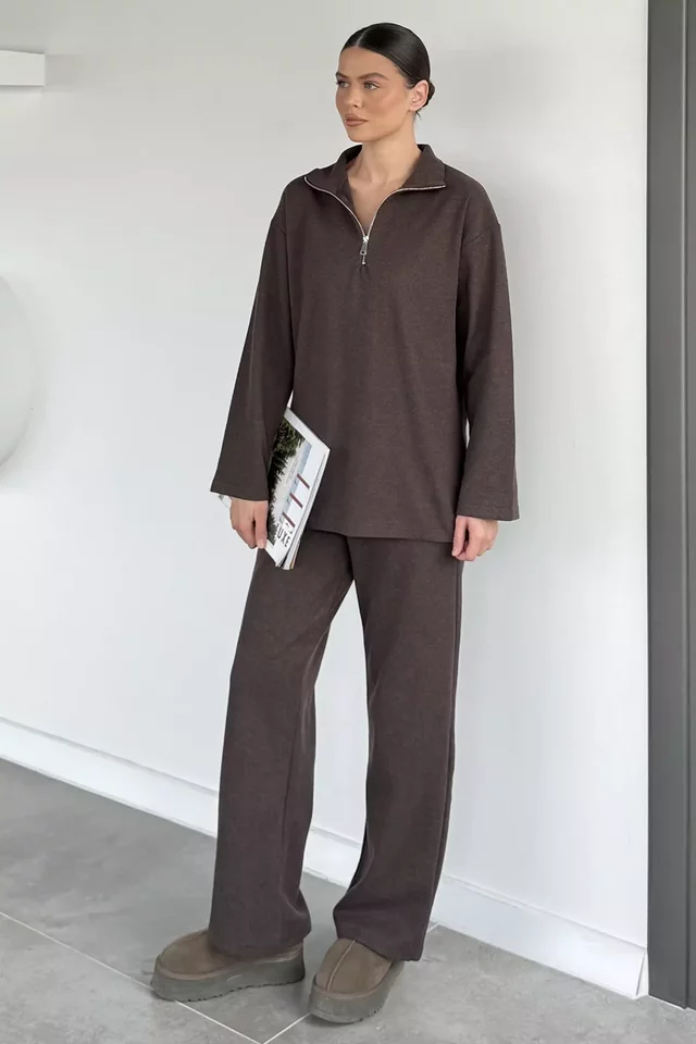 Kadın Polo Yaka Selanik Kumaş Sweat Bel Lastikli Pantolon İkili Takım - 2