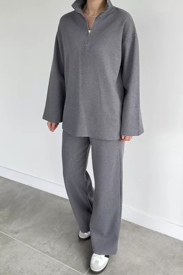 Kadın Polo Yaka Selanik Kumaş Sweat Bel Lastikli Pantolon İkili Takım - 2