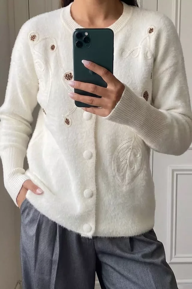 Kadın Pul İşlemeli Yumoş İplik Triko Ceket (s-m-l-xl Uyumludur) - 2