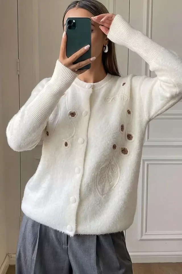 Kadın Pul İşlemeli Yumoş İplik Triko Ceket (s-m-l-xl Uyumludur)