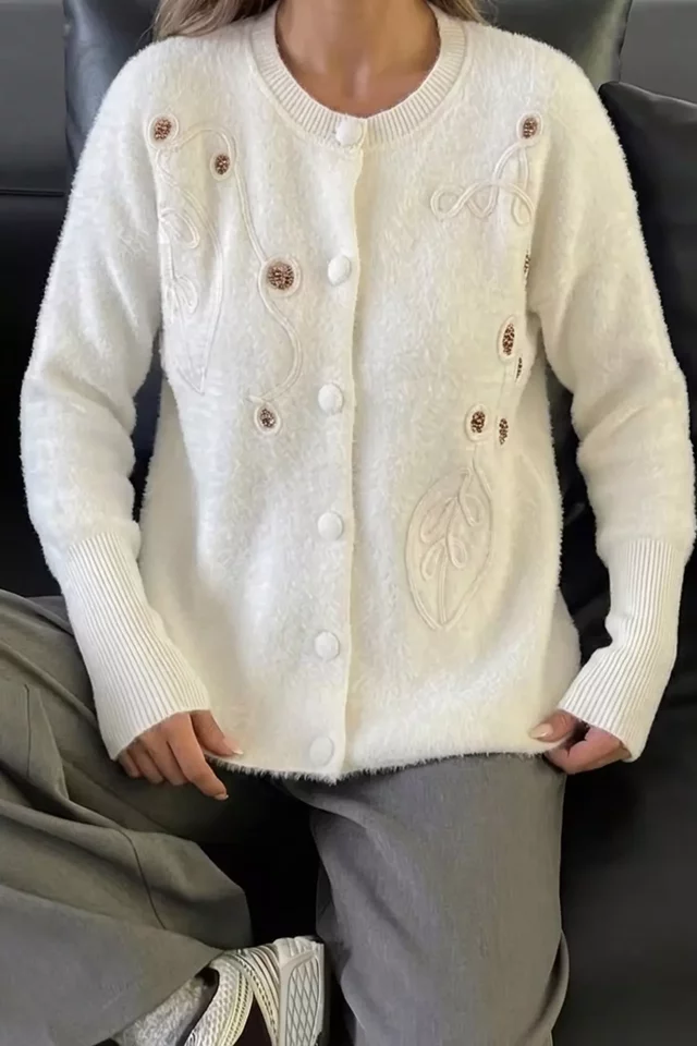 Kadın Pul İşlemeli Yumoş İplik Triko Ceket (s-m-l-xl Uyumludur)