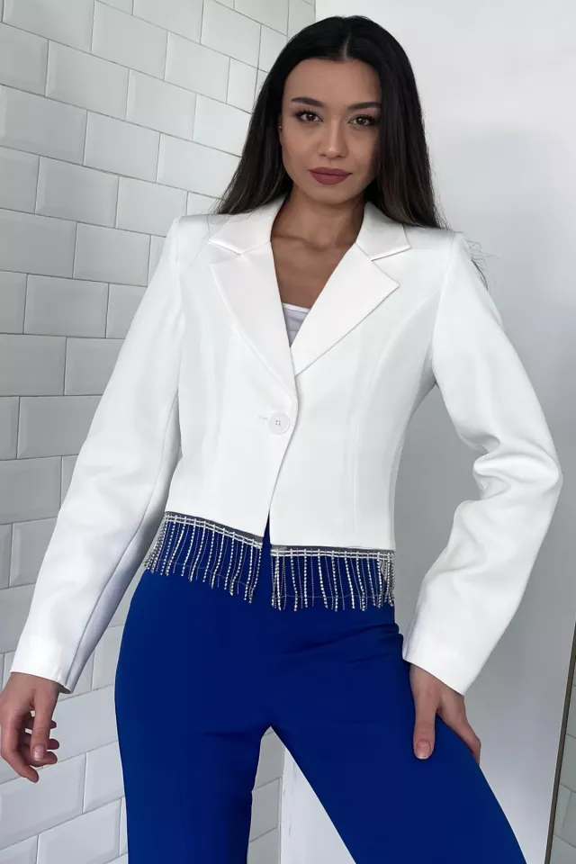 Kadın Sacak Taşlı Crop Blazer Ceket Krem