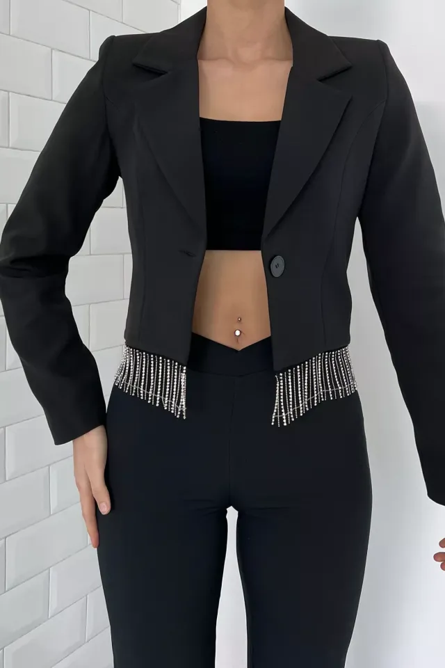 Kadın Sacak Taşlı Crop Blazer Ceket Siyah