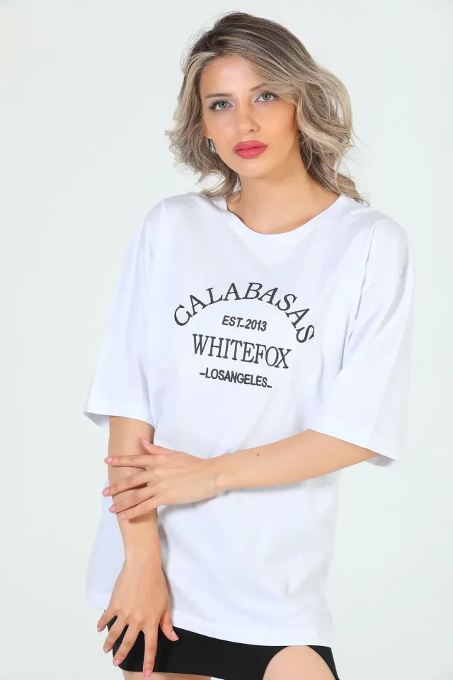 Kadın Salaş Bisiklet Yaka Galabasas Baskılı T-shirt Beyaz