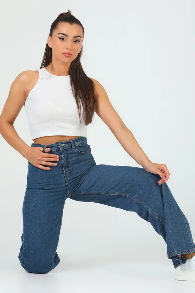 Kadın Salaş Bol Paça Retro Jeans Pantolon Mavi