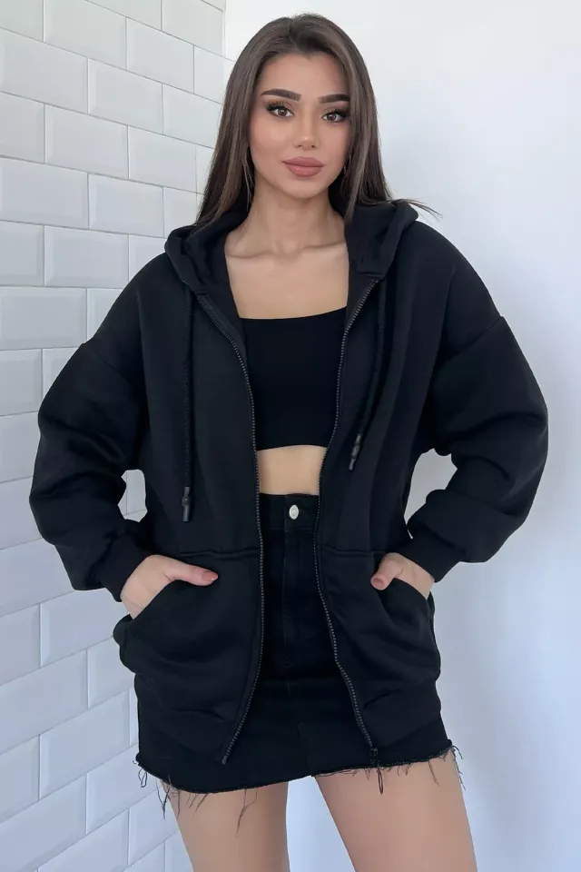 Kadın Şardonlu 3 İplik Kapüşonlu Fermuarlı Sweatshirt Siyah
