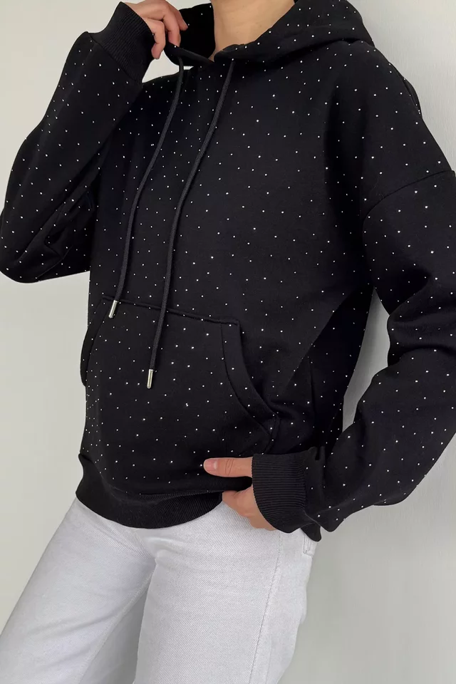 Kadın Şardonlu Kanguru Cepli Kapüşonlu Taş İşlemeli Sweatshirt - 1