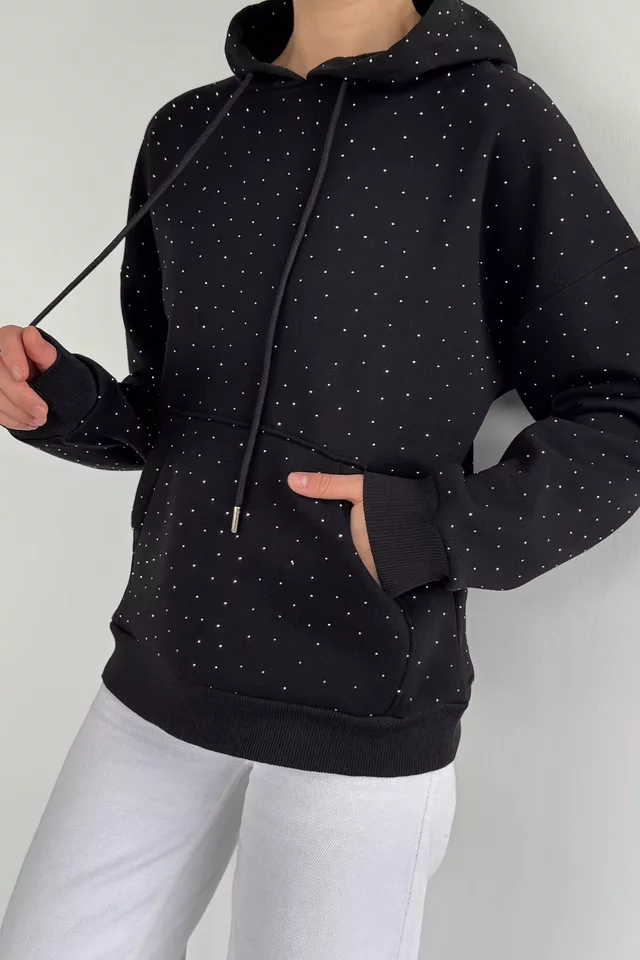 Kadın Şardonlu Kanguru Cepli Kapüşonlu Taş İşlemeli Sweatshirt - 2