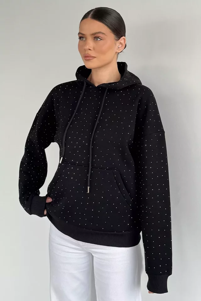 Kadın Şardonlu Kanguru Cepli Kapüşonlu Taş İşlemeli Sweatshirt