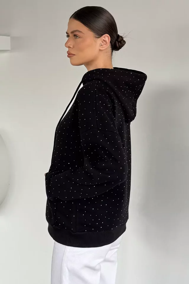 Kadın Şardonlu Kanguru Cepli Kapüşonlu Taş İşlemeli Sweatshirt