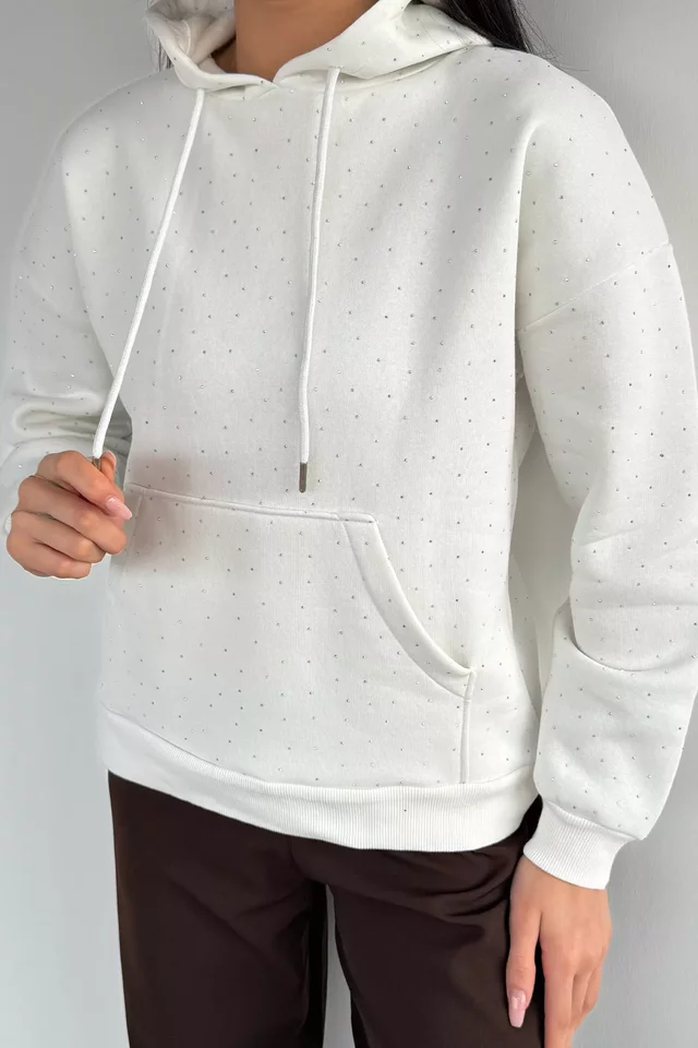 Kadın Şardonlu Kanguru Cepli Kapüşonlu Taş İşlemeli Sweatshirt