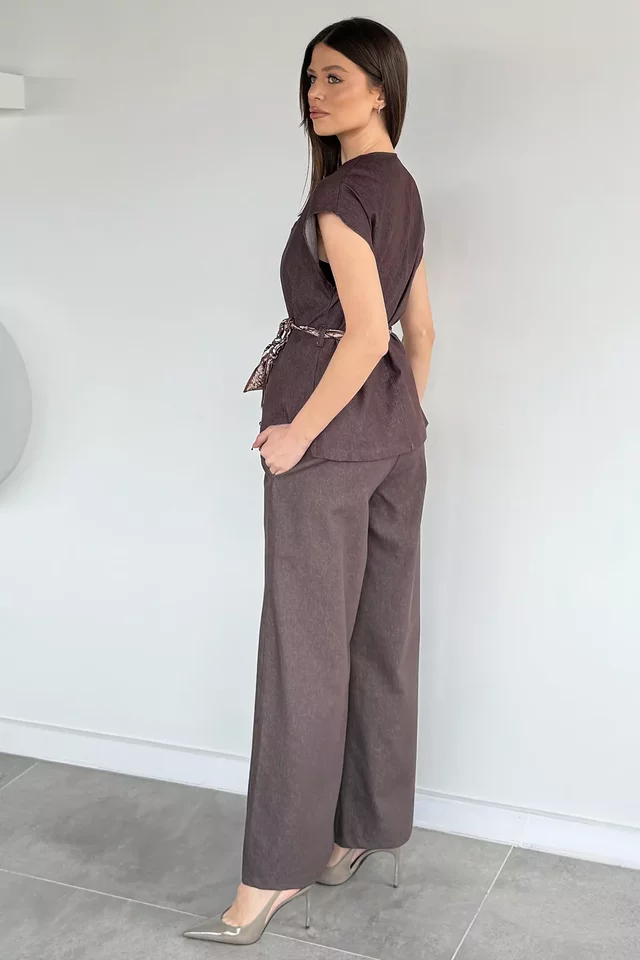 Kadın Saten Kemerli Jean Kot Yelek Bel Lastikli Pantolon İkili Takım