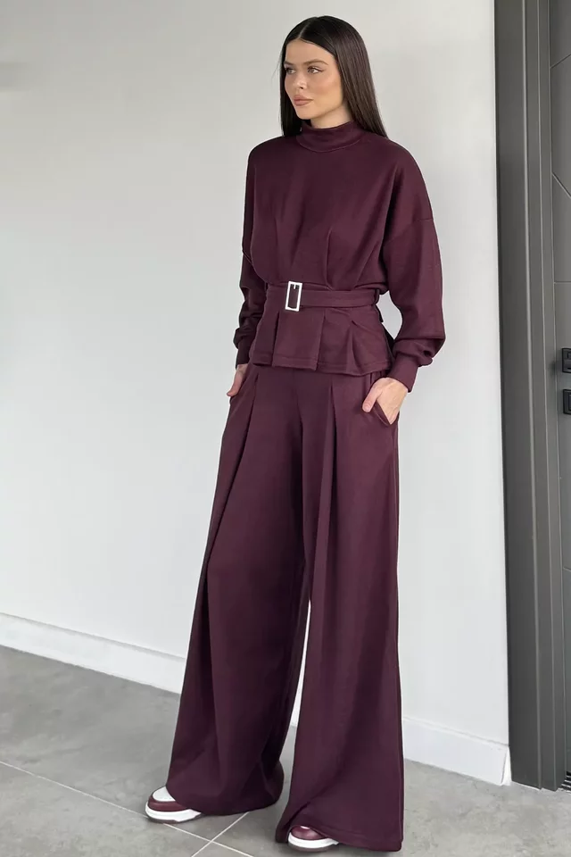 Kadın Selanik Kumaş Kemerli Bluz Pantolon İkili Takım - 1