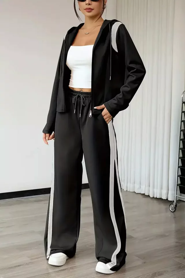 Kadın Şerit Detaylı Kapüşonlu Sweat Bel Lastikli Palazzo Pantolon İkili Takım - 2