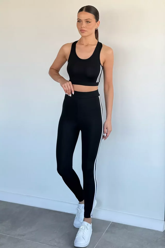 Kadın Şerit Detaylı Yüksek Bel Sporcu Tayt Crop Büstiyer İkili Takım - 1
