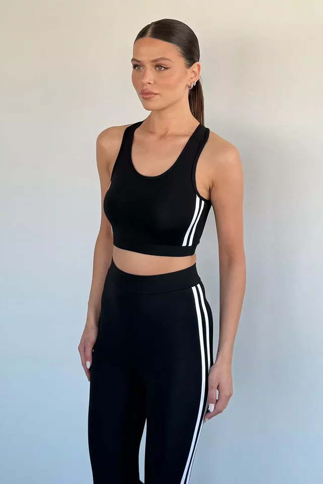Kadın Şerit Detaylı Yüksek Bel Sporcu Tayt Crop Büstiyer İkili Takım