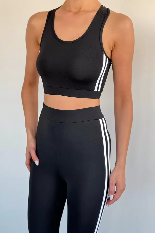 Kadın Şerit Detaylı Yüksek Bel Sporcu Tayt Crop Büstiyer İkili Takım