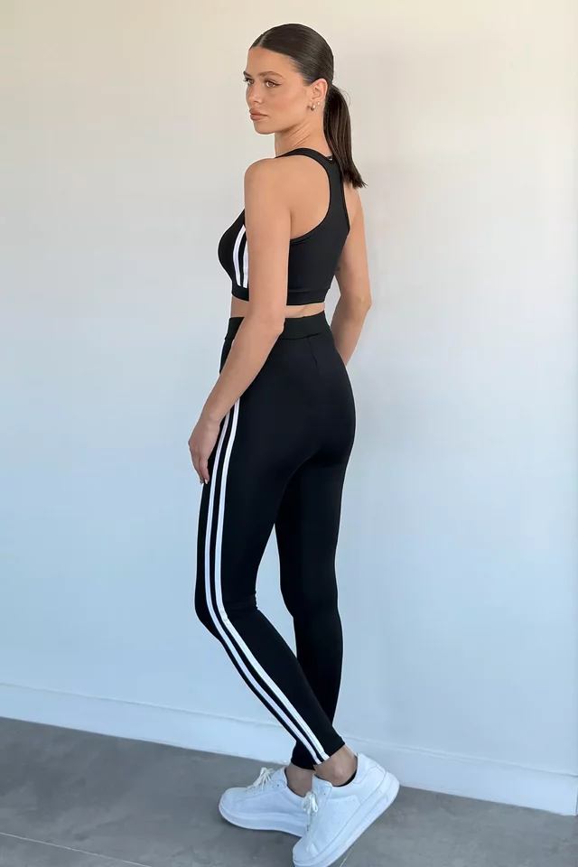 Kadın Şerit Detaylı Yüksek Bel Sporcu Tayt Crop Büstiyer İkili Takım