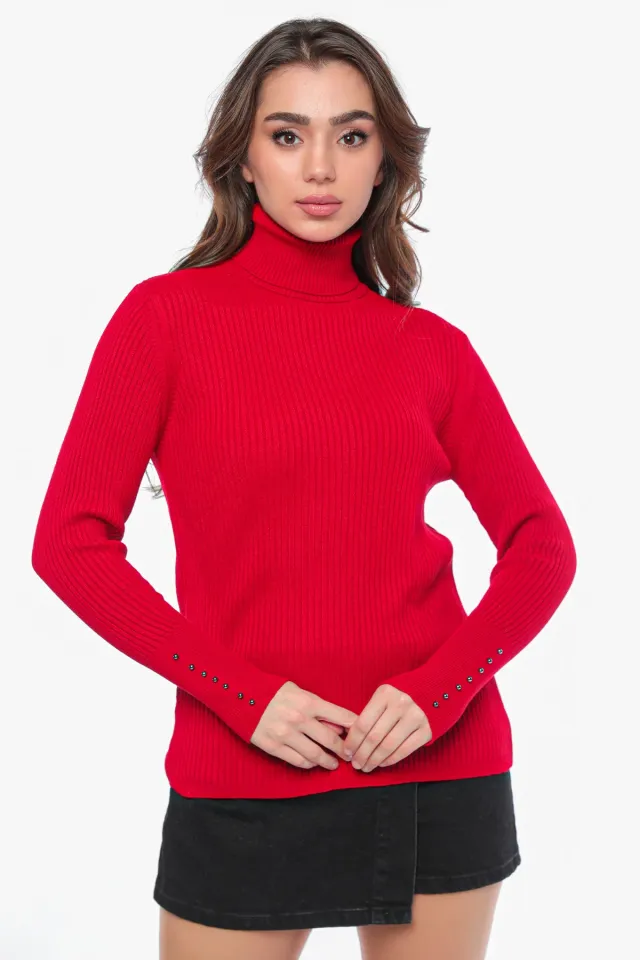 Kadın Tam Balıkçı Fitilli Bilek Boncuk Detaylı Triko Bluz Kırmızı