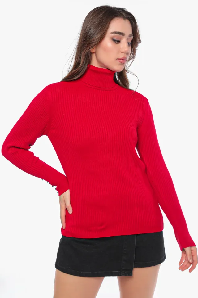 Kadın Tam Balıkçı Fitilli Bilek Boncuk Detaylı Triko Bluz Kırmızı