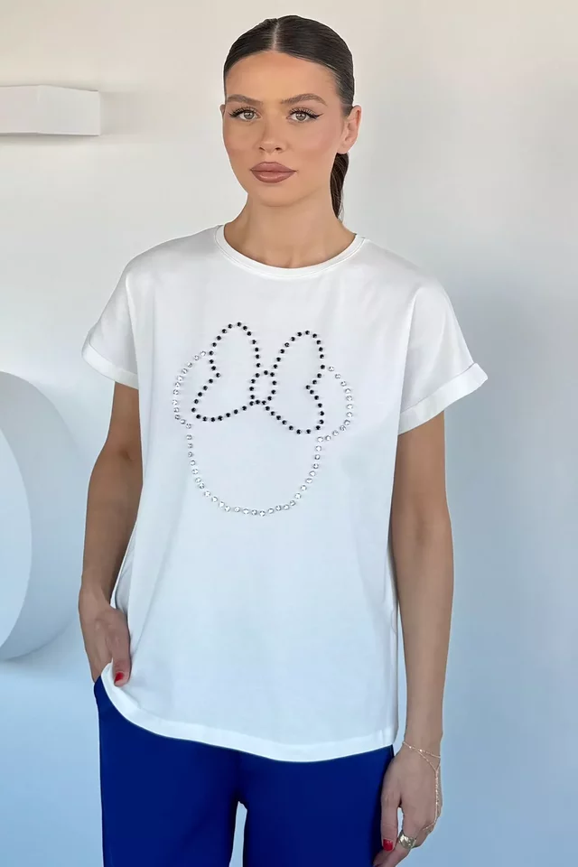 Kadın Taş İşlemeli Bisiklet Yaka Tişört - 1