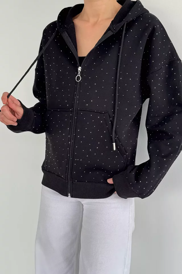Kadın Taş İşlemeli Kapüşonlu Şardonlu Ön Fermuarlı Sweatshirt - 1