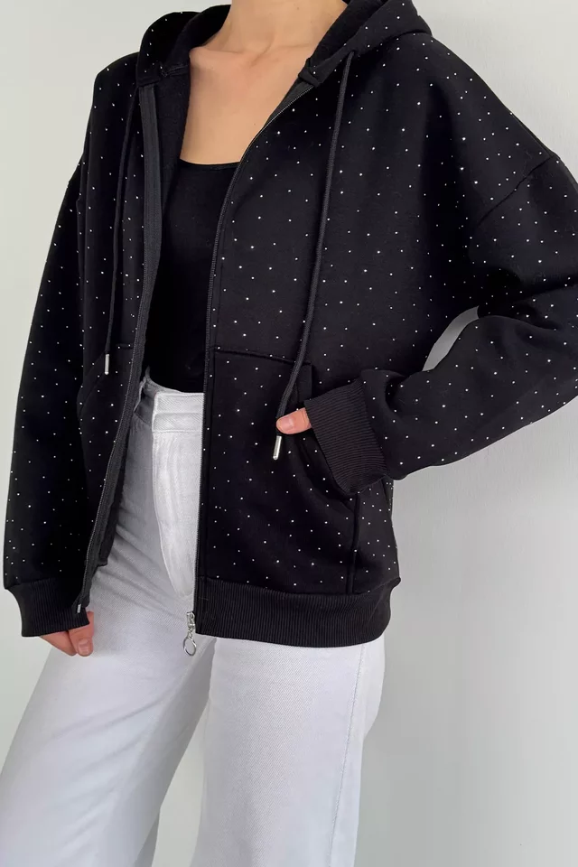 Kadın Taş İşlemeli Kapüşonlu Şardonlu Ön Fermuarlı Sweatshirt - 2