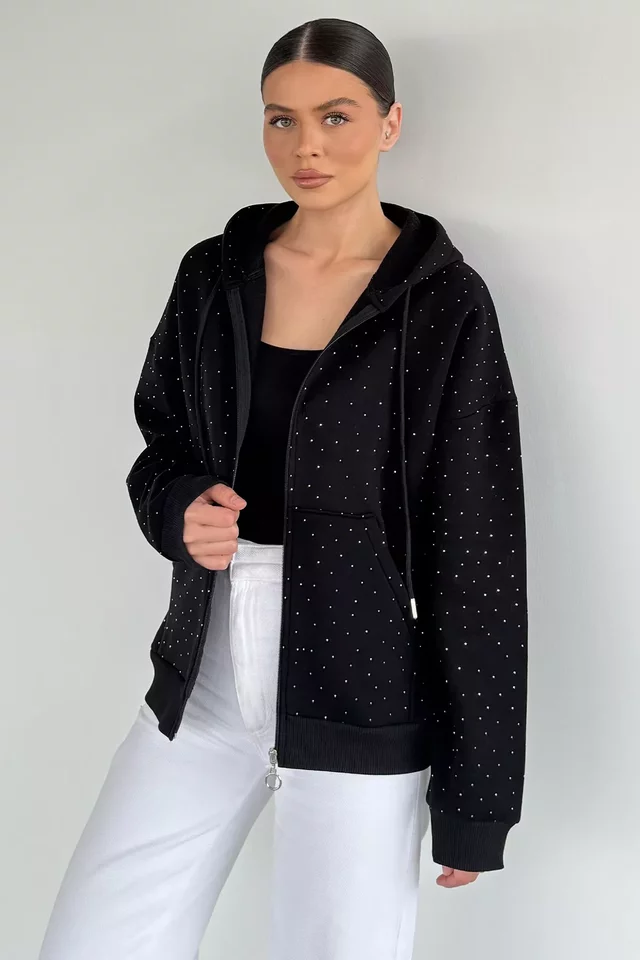 Kadın Taş İşlemeli Kapüşonlu Şardonlu Ön Fermuarlı Sweatshirt