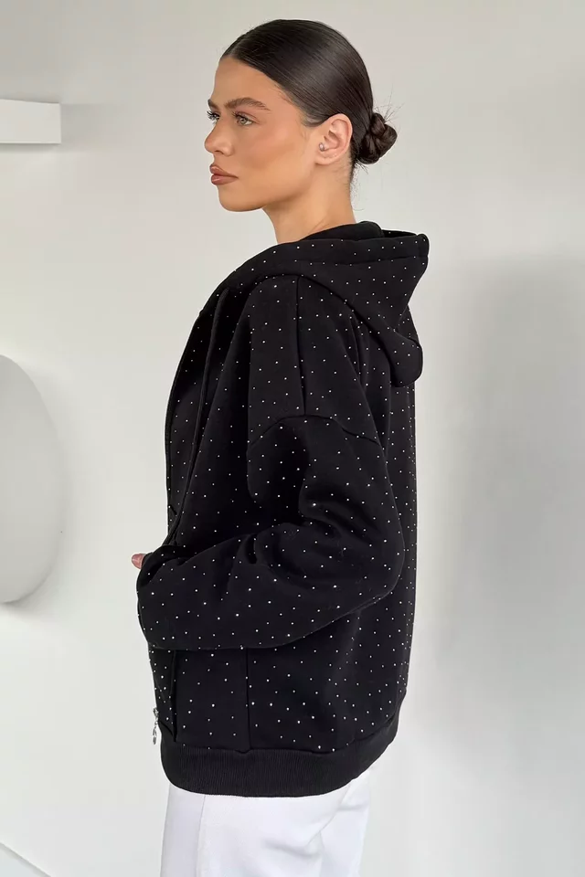Kadın Taş İşlemeli Kapüşonlu Şardonlu Ön Fermuarlı Sweatshirt