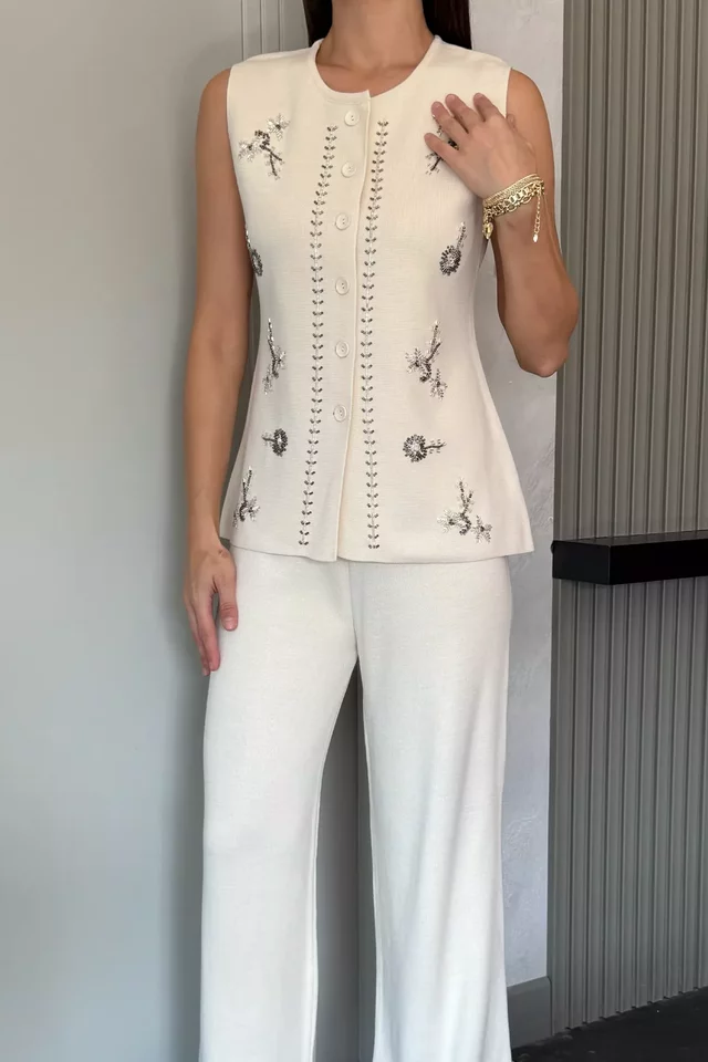 Kadın Taş İşlemeli Triko Pantolon Yelek İkili Takım