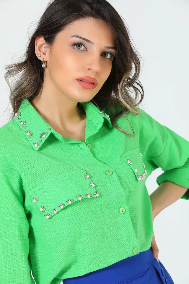Kadın Taş Detaylı Sahte Cepli Gömlek Yeşil