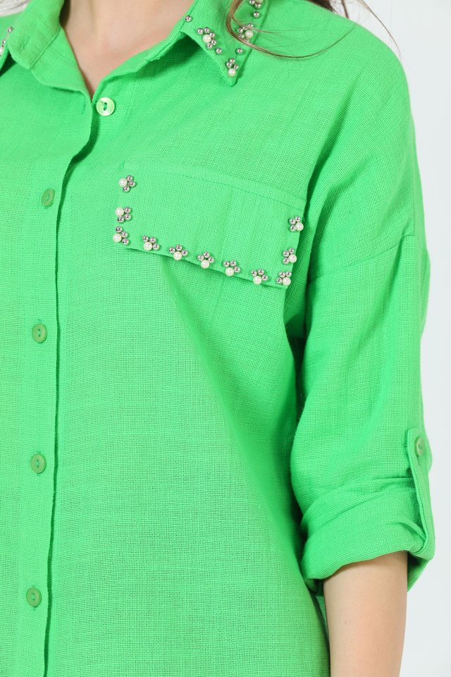 Kadın Taş Detaylı Sahte Cepli Gömlek Yeşil