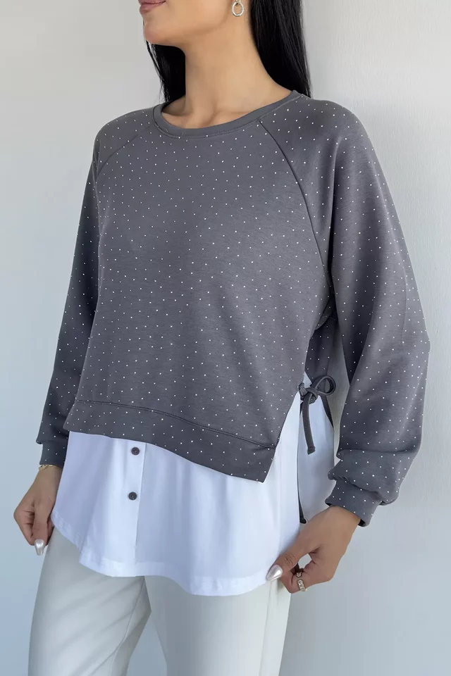 Kadın Taşlı Gömlek Garnili Sweatshirt - 2