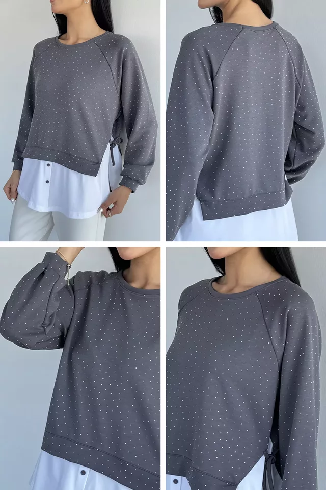 Kadın Taşlı Gömlek Garnili Sweatshirt