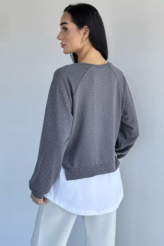 Kadın Taşlı Gömlek Garnili Sweatshirt
