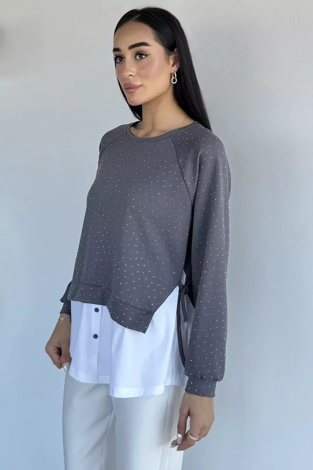 Kadın Taşlı Gömlek Garnili Sweatshirt