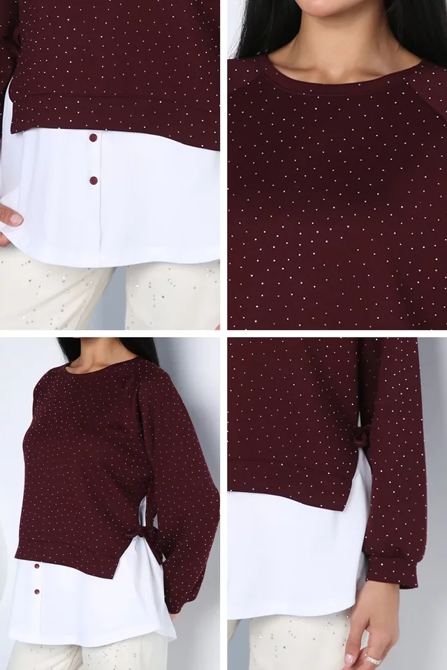 Kadın Taşlı Gömlek Garnili Sweatshirt