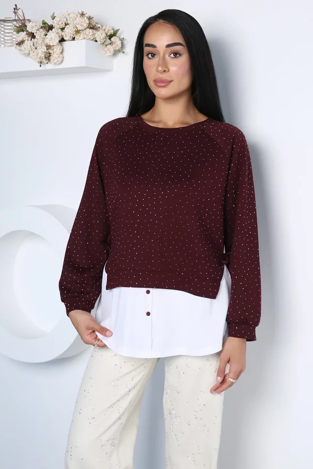 Kadın Taşlı Gömlek Garnili Sweatshirt - 1