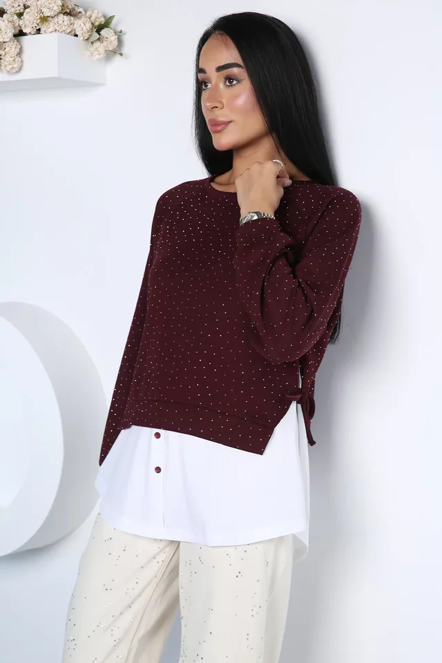 Kadın Taşlı Gömlek Garnili Sweatshirt - 2