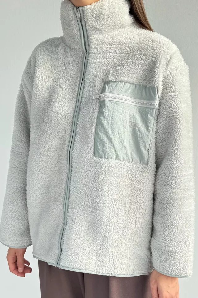 Kadın Tek Cepli Fermuarlı Peluş Mont