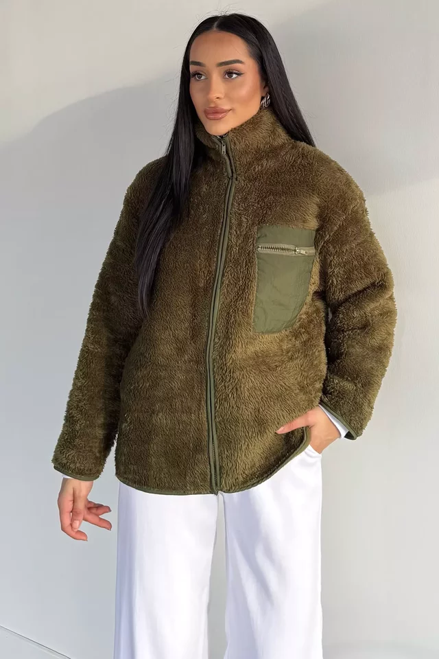 Kadın Tek Cepli Fermuarlı Peluş Mont