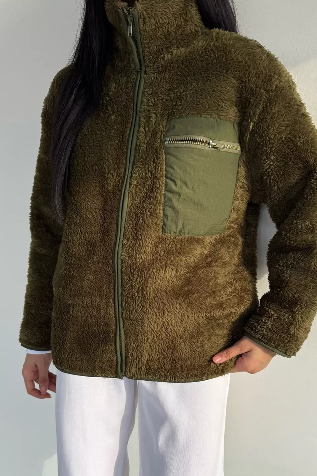 Kadın Tek Cepli Fermuarlı Peluş Mont
