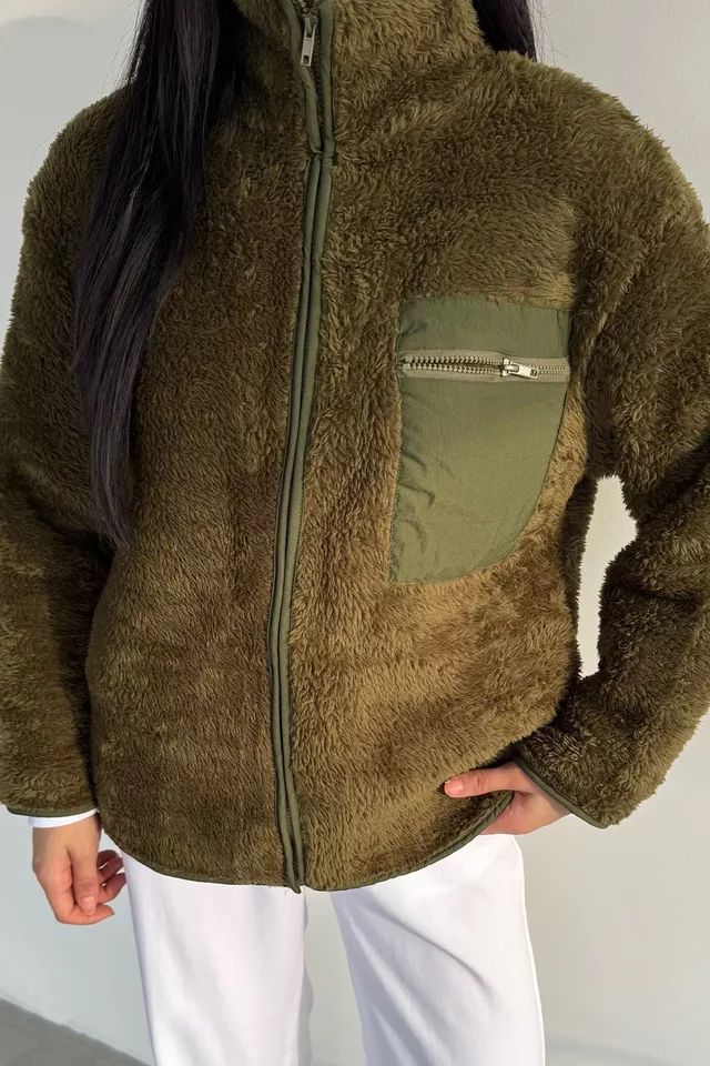 Kadın Tek Cepli Fermuarlı Peluş Mont